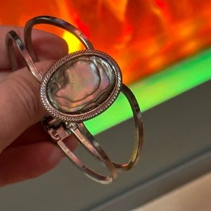 ❌SOLD❌ Abalone silver bangle bracelet from Mexico gulf coast; iridescent classy